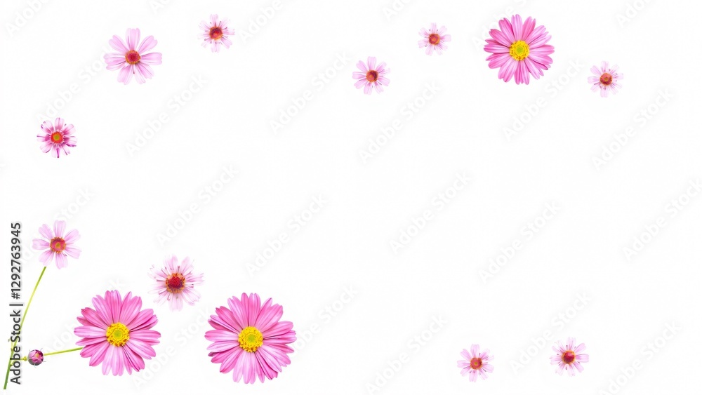 Fototapeta premium Delicate Pink Flowers Frame on White Background - Floral Border Design