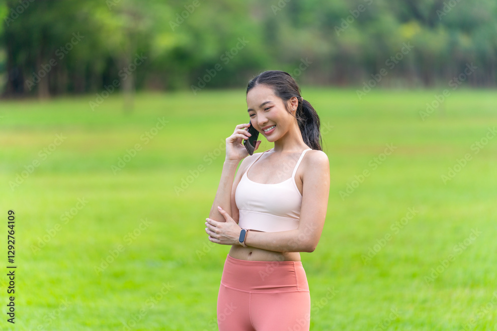 Young Asian Woman in Sports Outfit Using Phone Outdoors in a Park Young Asian Woman in Sports Outfit Using Phone Outdoors in a Park