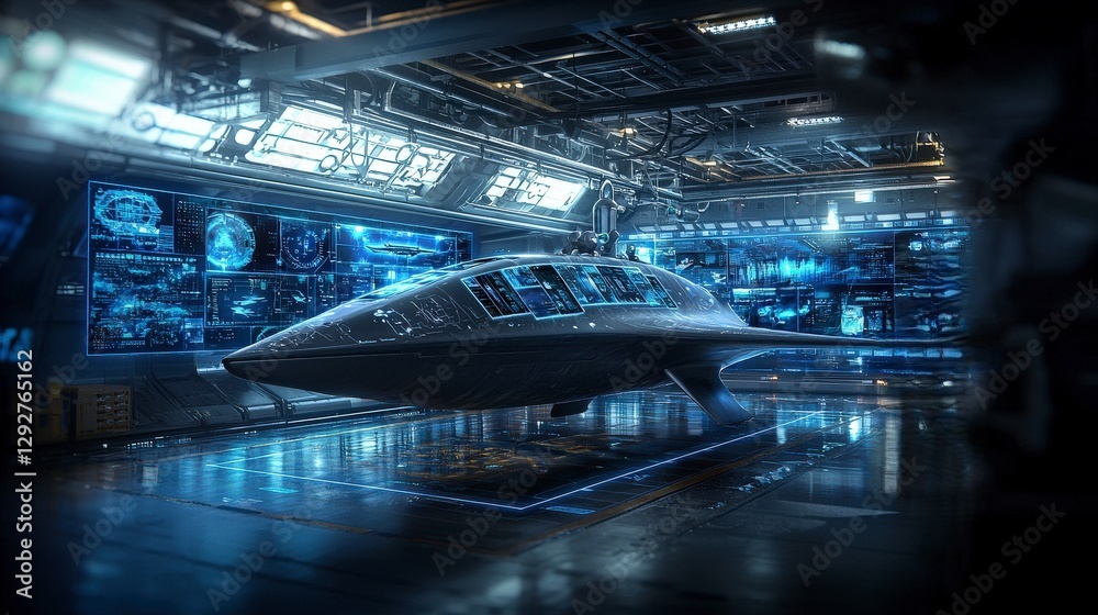 Engineer designs advanced stingray drone concept in futuristic lab environment for aerospace innovation Engineer designs advanced stingray drone concept in futuristic lab environment for aerospace innovation