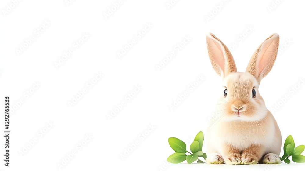 Fototapeta premium Cute rabbit sitting with green plants nearby.