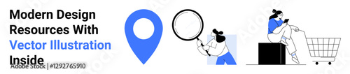 Free Download Businesswoman exploring with magnifying glass, sitting near a cart with boxes, and a blue location pin. Ideal for e-commerce, analytics, marketing, searching, deliveries, navigation flat landing - GFXLoad