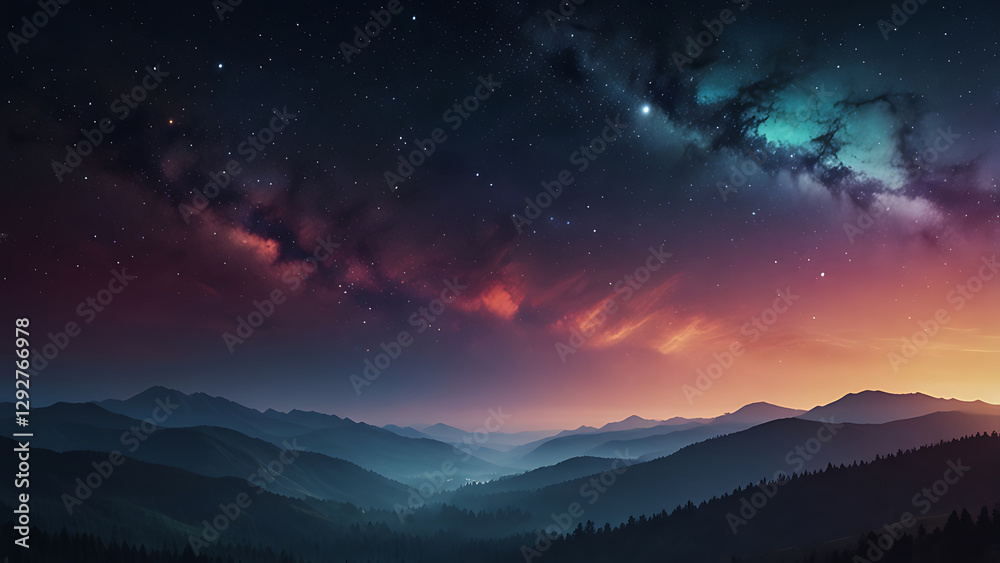Mountain landscape with stars and nebula. Panoramic view. Mountain landscape with stars and nebula. Panoramic view.