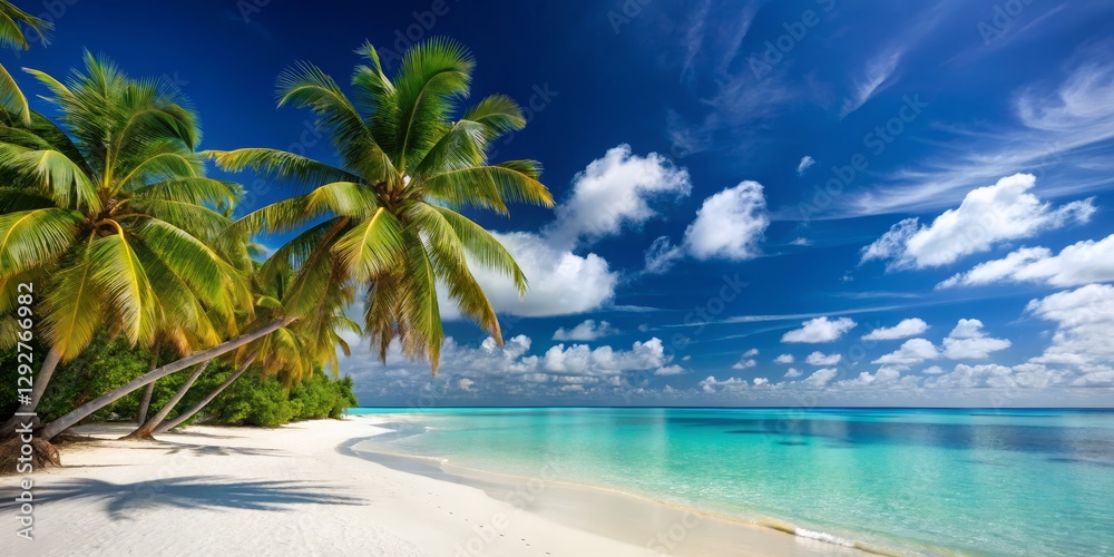 Fototapeta premium Tranquil Tropical Beach with Palm Trees and Clear Blue Waters