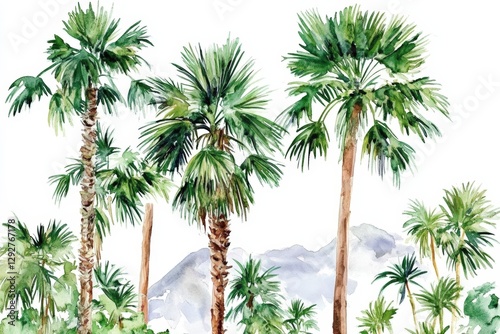 Lush palm trees captured in soft watercolor