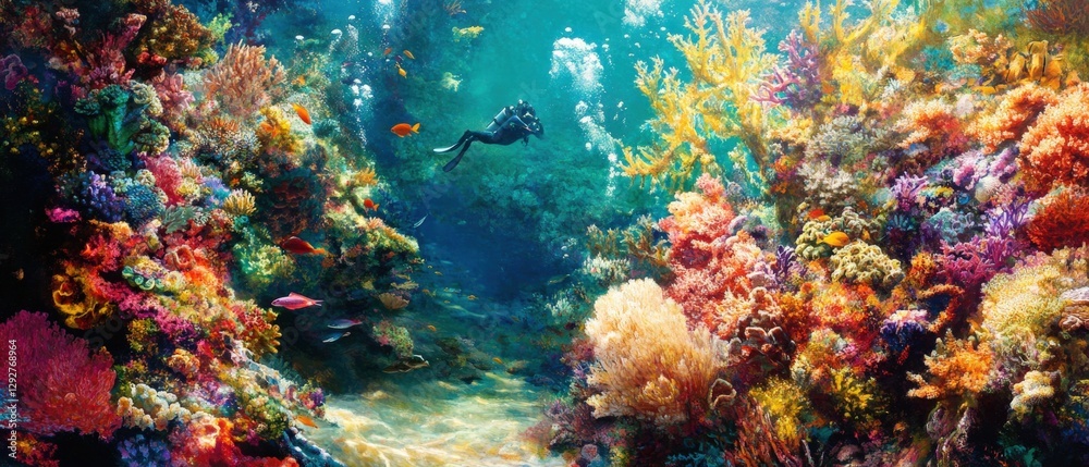 Fototapeta premium Diving adventure among vibrant coral reefs tropical ocean nature exploration underwater paradise immersive experience