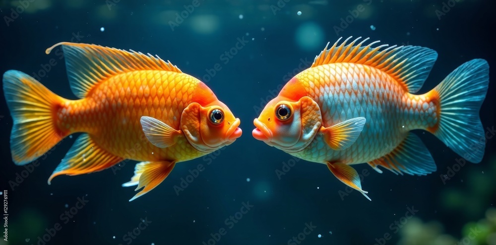 Fototapeta premium Colorful fighting fish in crystal clear water against dark blue background, water, crystal