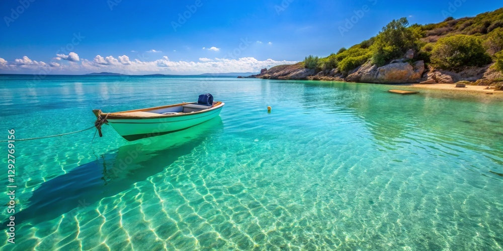 Obraz premium Tranquil turquoise waters with a solitary boat on a sunny day