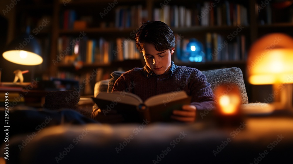 Obraz premium Cozy Night Reading: A Young Man Immersed in a Book by Warm Lamplight