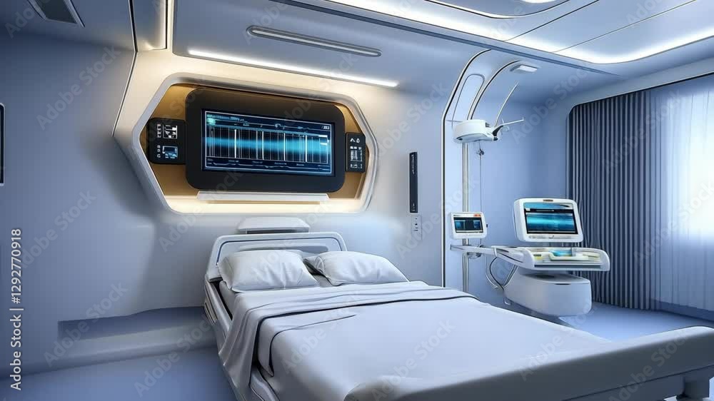 Modern hospital room equipped with advanced technology for patient care and monitoring Modern hospital room equipped with advanced technology for patient care and monitoring