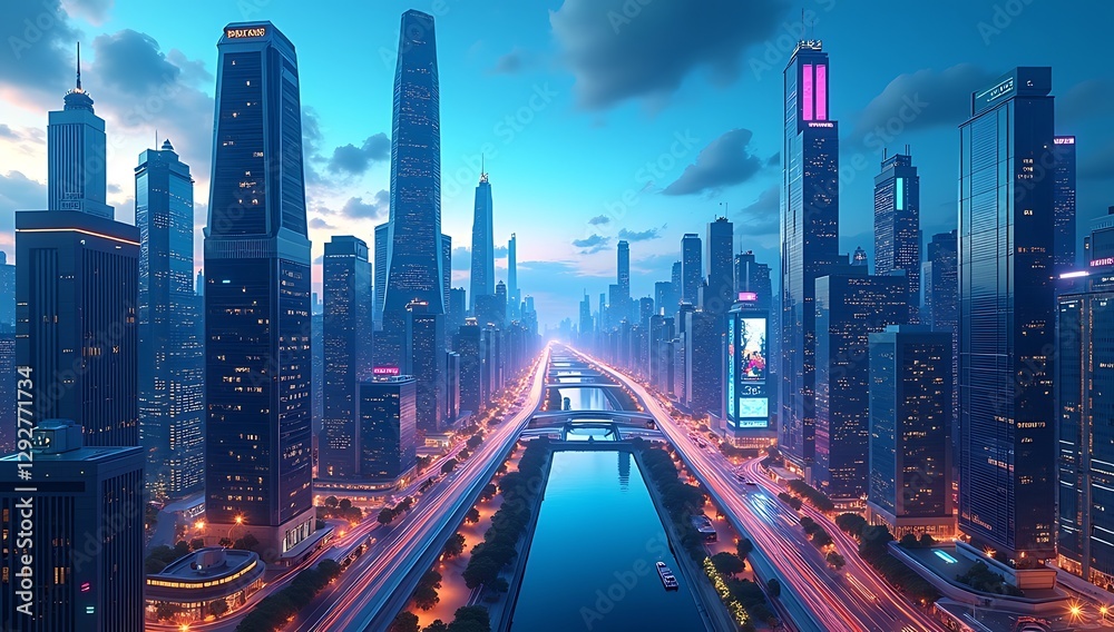 Fototapeta premium AI-Powered Smart City – A Futuristic Illustration Showcasing a Digital Metropolis with Automated Systems and IoT Connectivity