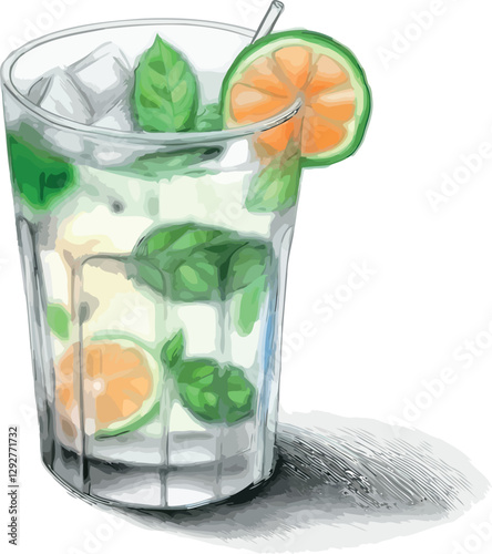 Watercolor Illustration of a Refreshing Mojito Cocktail with Lime, Mint, and Ice