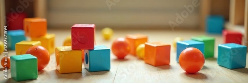 Colorful blocks scattered on the floor with children's toys and balls , colors, playtime