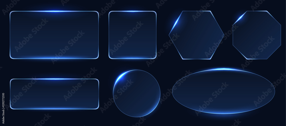 futuristic glass frame set group, glowing blue gradient panel background, big screen data visulization dashboard element, high tech translucent effect surface