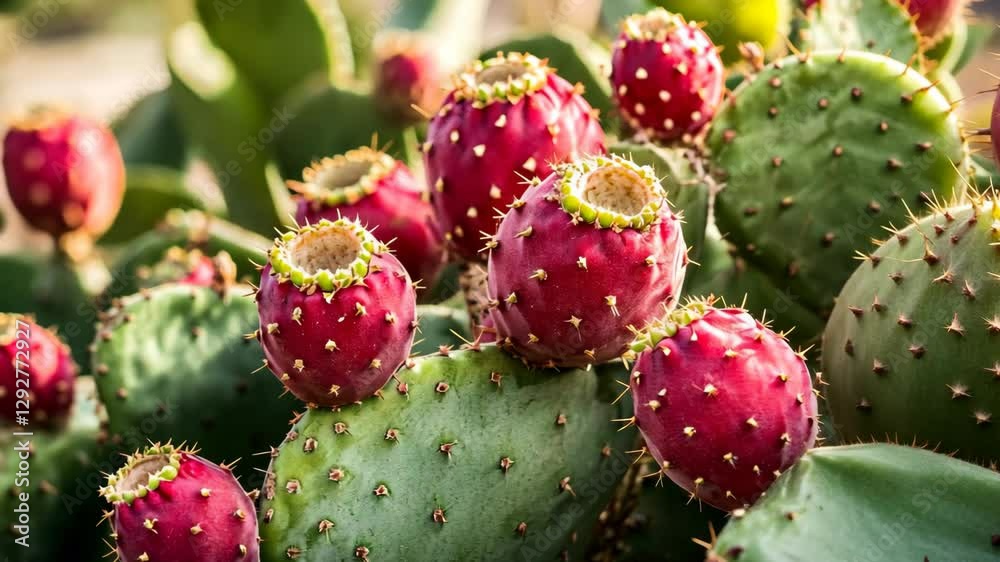 Cacti with ripe red fruits thriving in a warm desert landscape during late afternoon sunlight Cacti with ripe red fruits thriving in a warm desert landscape during late afternoon sunlight