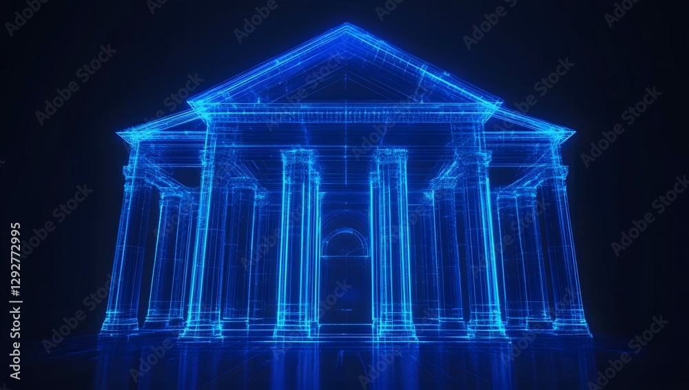 Obraz premium Digital Ancient Building, Wireframe, Architecture, Blue Glow, Dark Background