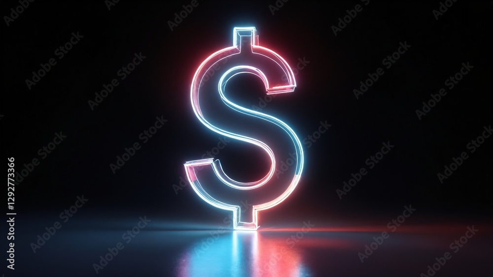 Obraz premium Rainbow glossy transparent three-dimensional dollar sign on a dark black background.