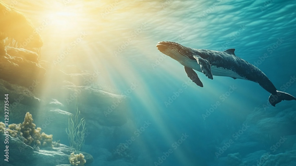 Obraz premium Whale swimming ocean sunlit reef background