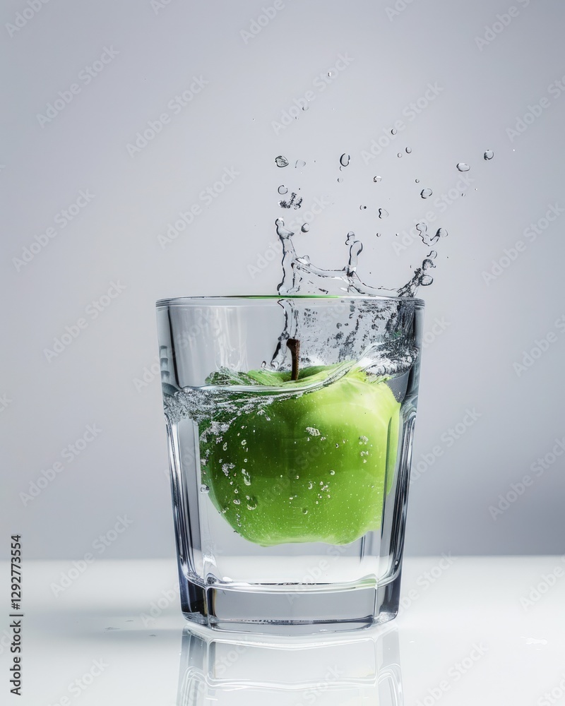 A green apple submerged in a glass of water, creating a splash.