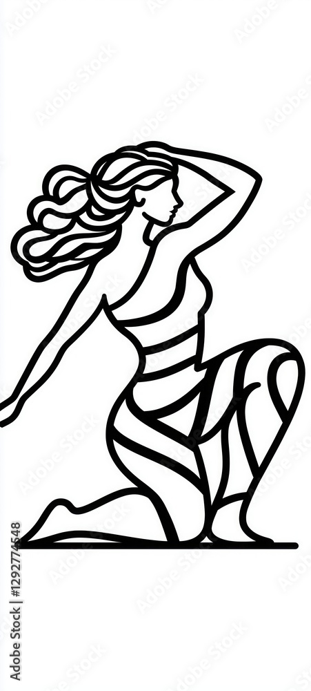 Fototapeta premium Elegant Minimalist Line Art of a Graceful Woman Kneeling with Flowing Hair, Wearing a Stylish Abstract Dress, Expressing Strength, Beauty, and Feminine Energy in a Bold Black Ink Illustration