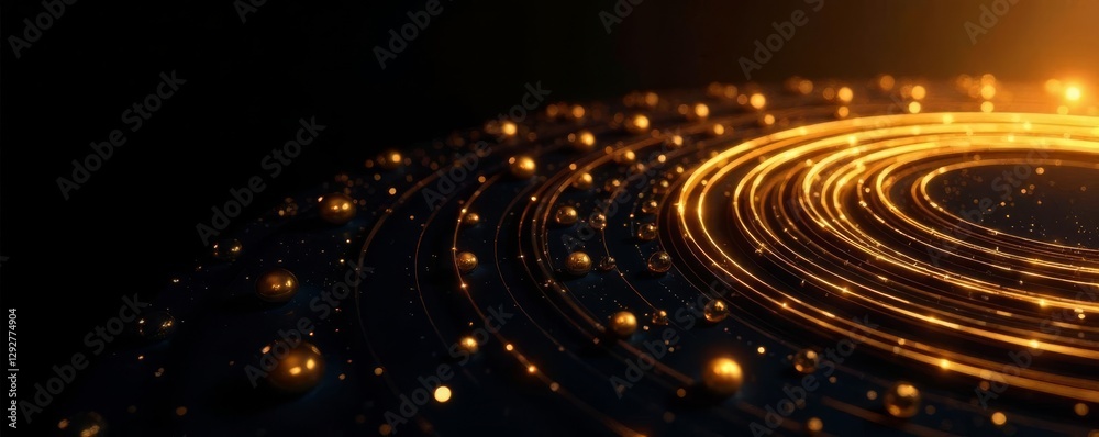 Golden circular lines radiating outwards on black background, golden lines, art Golden circular lines radiating outwards on black background, golden lines, art