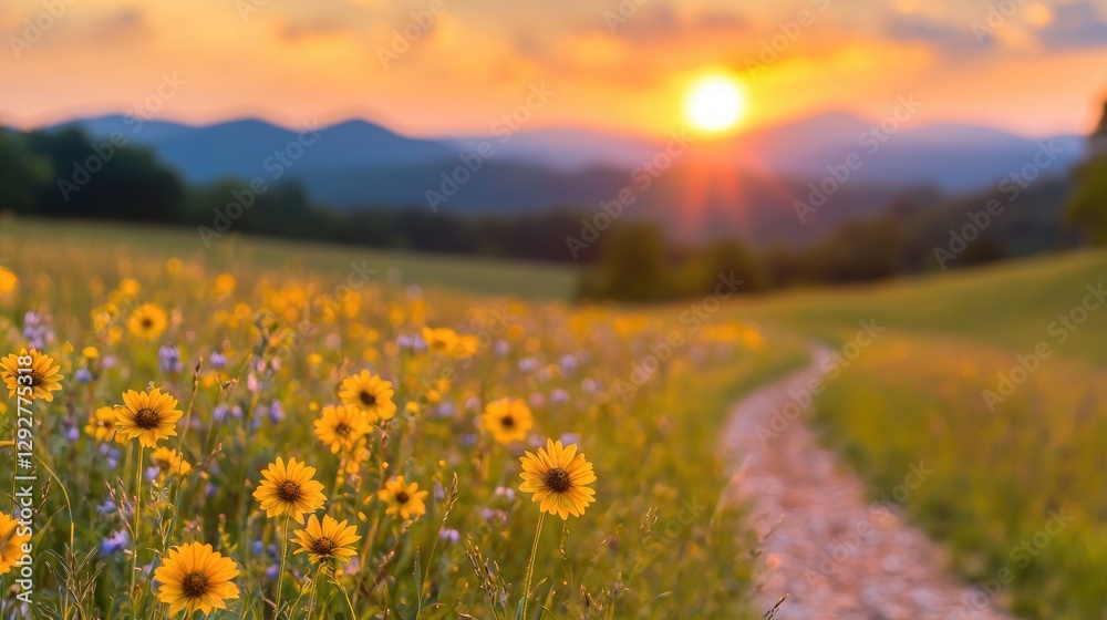 Obraz premium Sunflowers Sunset Mountain Path