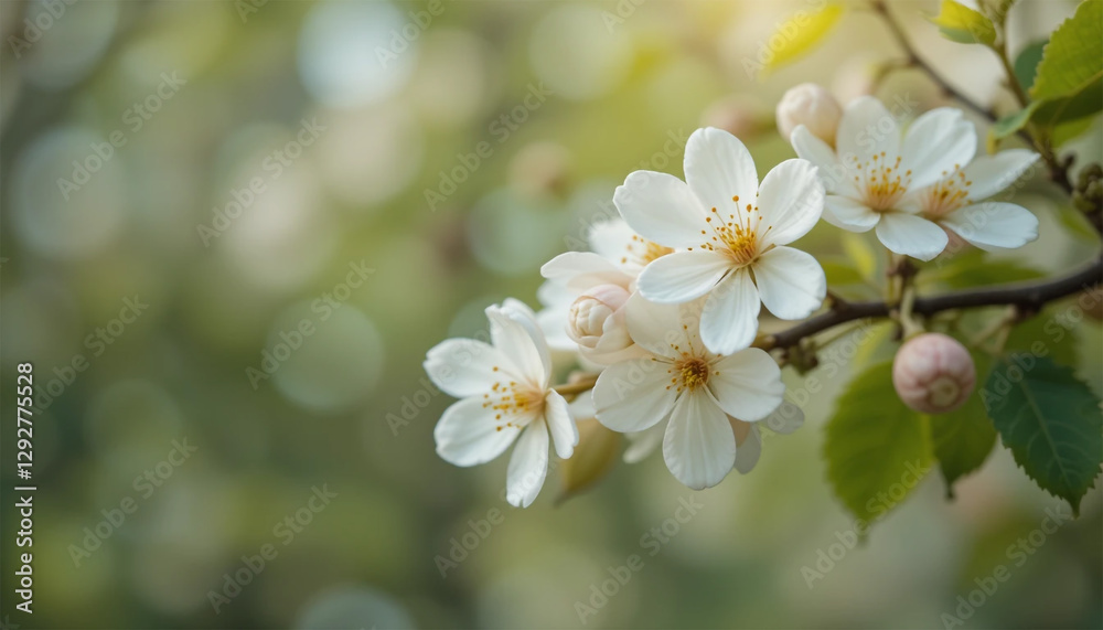 Branch of Blooming White Flowers with Green Leaves Branch of Blooming White Flowers with Green Leaves