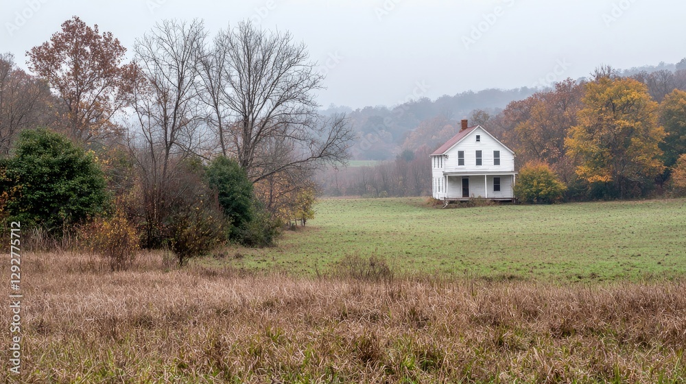 Fototapeta premium Misty Autumn Farmhouse in Rural Landscape