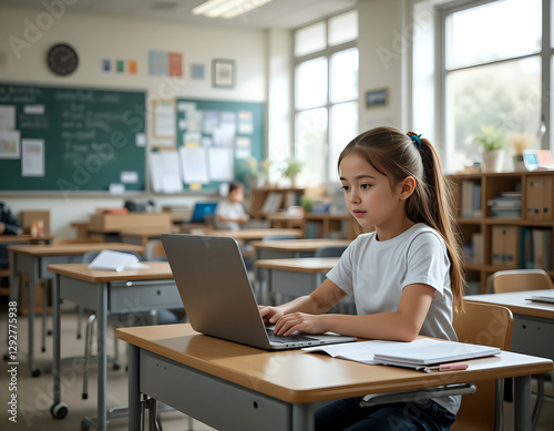 A young schoolgirl sits in a modern classroom, using a laptop for studying, highlighting technology’s role in education and digital learning. photo