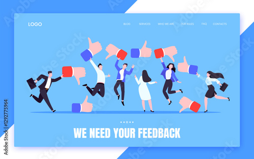 Customer feedback, employee or client satisfaction rating review with good or bad symbols - thumb up and down business concept vector illustration. Positive and negative feedback and evaluation