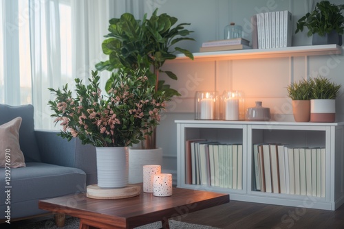 Bright Cozy Home Office Backdrop Featuring Plants, Candles, And Bookshelves Creating A Relaxed Atmosphere In A Modern Setting photo