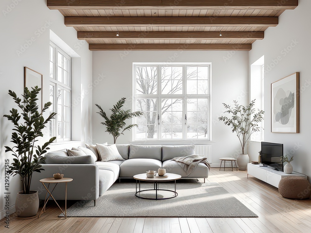 Naklejka premium Minimalist living room background, perfect for interior design, home decor, Scandinavian aesthetics, modern architecture, cozy ambiance, real estate, natural lighting, luxury homes, and contemporary s