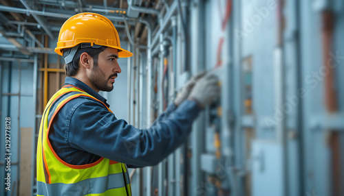 An electrician installing electrical systems at a construction site, wearing safety gear and working with tools in a professional setting