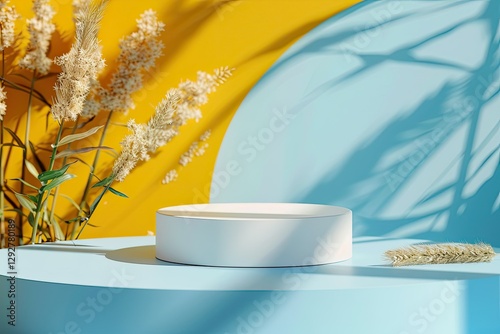 Clear Pixel Image of White Cosmetic Podium on BlueYellow Background with Wheat Sprouts photo
