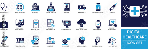 Web Digital Healthcare icon set Stethoscope, Medical cross, Heart with pulse, Hospital, Digital Doctor, Nurse, Ambulance, You can easily change the color