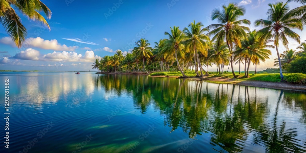 Fototapeta premium Tranquil Tropical Paradise with Palm Trees and Reflective Water