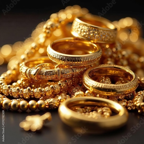 Gleaming gold jewelry pile; bracelets, necklaces, rings , fashion, white background