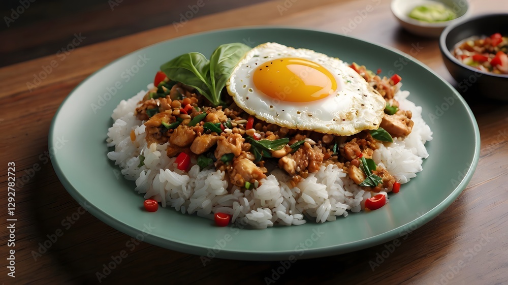 Delicious Thai Chicken Basil Rice Dish with Fried Egg Close up View Delicious Thai Chicken Basil Rice Dish with Fried Egg Close up View