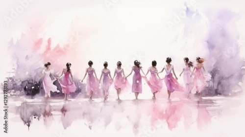 Elegant Watercolor Art of Women Holding Hands on a Summer Day