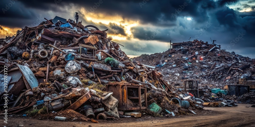 A sprawling metal waste pile lies abandoned amidst darkness, devoid of natural elements , decay, junkyard A sprawling metal waste pile lies abandoned amidst darkness, devoid of natural elements , decay, junkyard