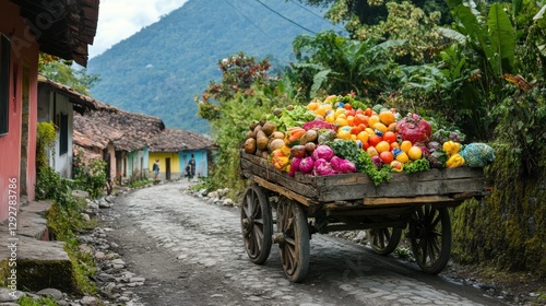 Wooden cart overflowing with vibrant fruits and vegetables in a quaint village. Depicts fresh, local produce and rural life, ideal for themes of farming, healthy eating, and travel.