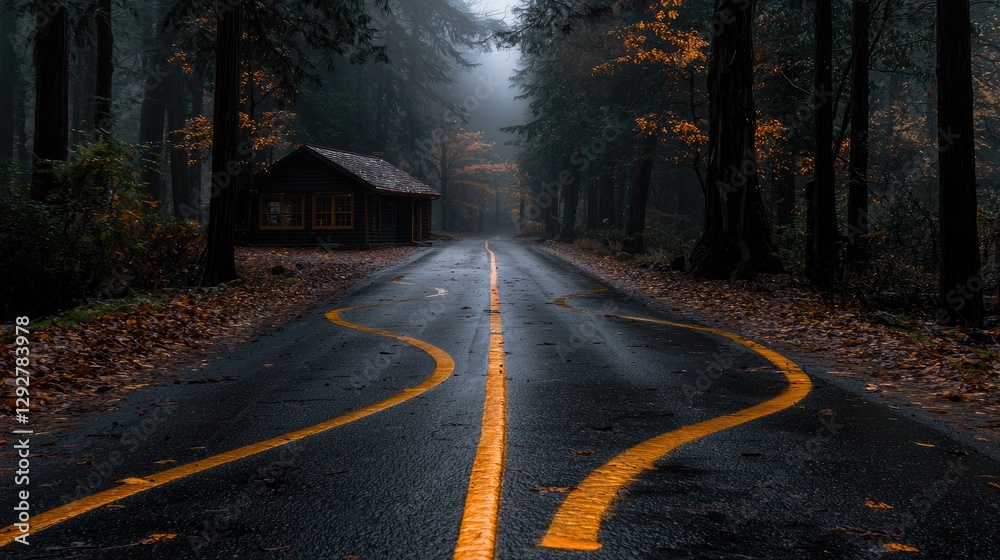 Fototapeta premium Foggy forest road with small cabin, leading the way. Possible use stock photo