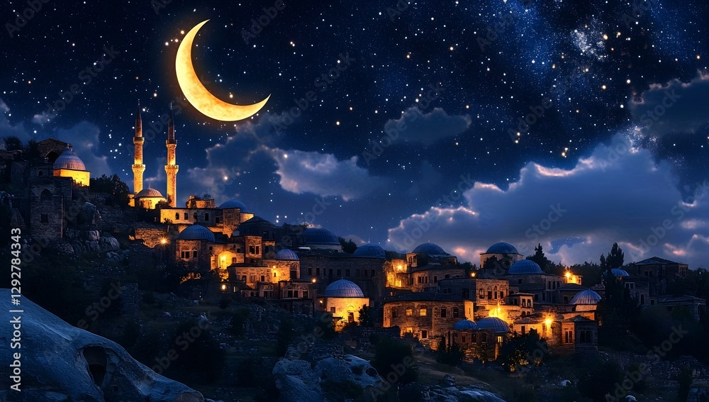 Obraz premium Crescent moon over illuminated ancient Muslim town at night