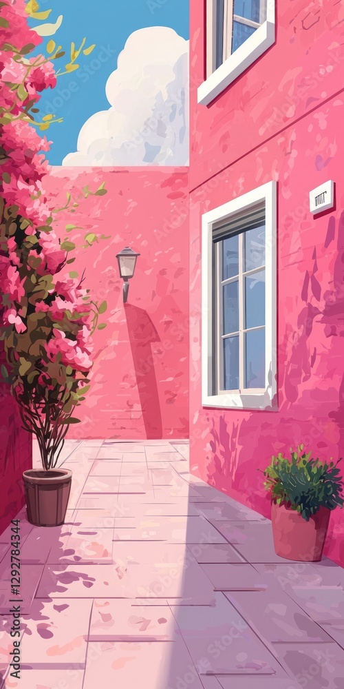 Fototapeta premium Vibrant Pink Alley with Blooming Flowers and Soft Cloudy Sky
