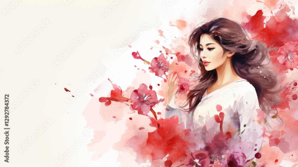 Fototapeta premium Serene Woman in Watercolor Blooms for Generative AI Art