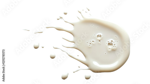 Spilled milk puddle, droplets isolated on white background and texture, top view 
