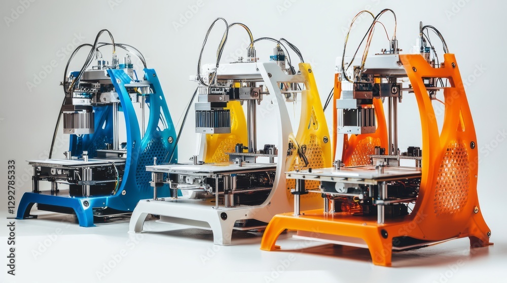 Multiple 3D printers are shown separately on a white background, highl Multiple 3D printers are shown separately on a white background, highl
