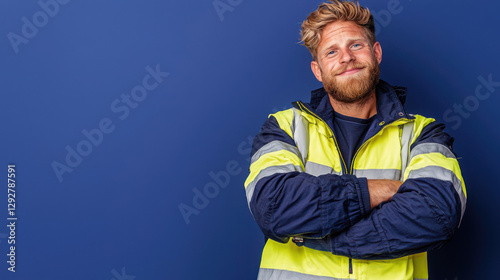 Industrial Engineer with Arms Crossed on Solid Background, Smiling worker in safety gear against a blue background.