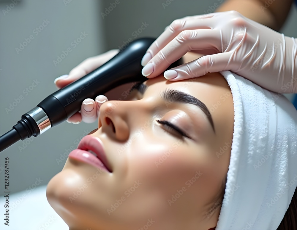 Close-up of a cosmetologist using a dermapen for mesotherapy treatment on a woman's face, promoting skin rejuvenation and beauty care in a spa setting.