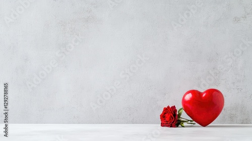 Red rose and heart on grey background; Valentine's Day card