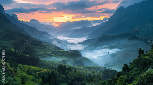 Aerial View of a Foggy Valley at Sunrise